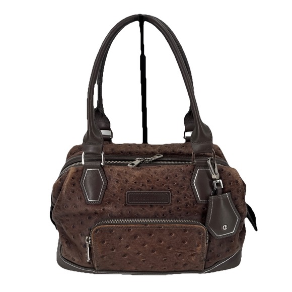 Longchamp Brown Ostrich Leather Legend Doctors Satchel‎ Silver Hardware exotic - Picture 1 of 16